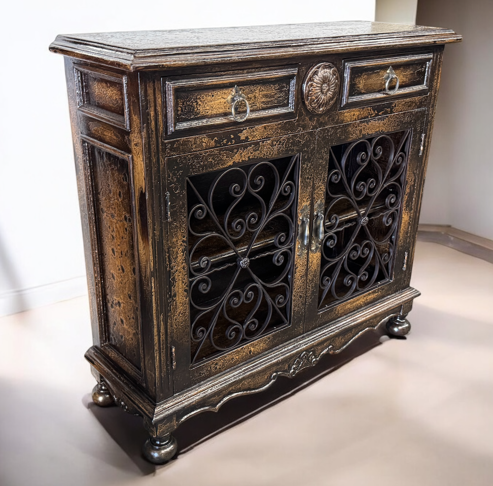 Eymet Chest, Antique Black With Gold Finish, Ornate Rosette Medallion And Wrought Iron Scrollwork