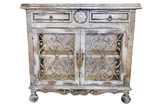 Figeac Chest, Distressed Gray, Ornate Wrought Iron Scrollwork Doors With Glass Panels, Vintage Charm