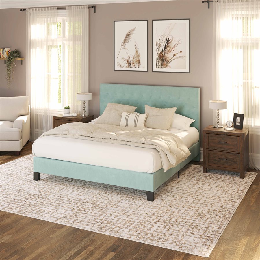 Complete Upholstered Queen Bed; Turquoise; Luxurious; Button Tufts