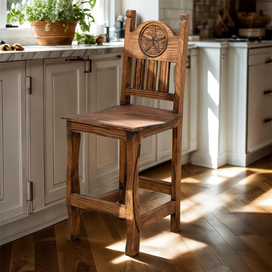 Rustic Western Hand-Carved Wooden Barstools with Star Emblems in the Backrest (2 or 3-Pack) - 24 or 30 in - Counter or Bar Height