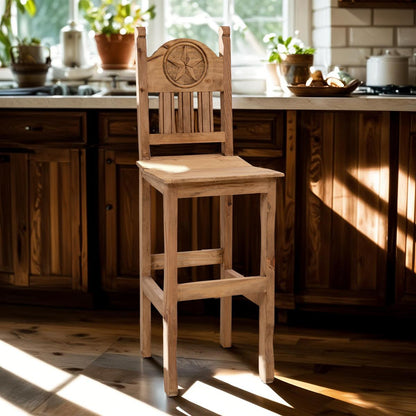 Rustic Light Honey Western Hand-Carved Wooden Barstools with Star Emblems in the Backrest (2 or 3-Pack) - 24 or 30 in - Counter or Bar Height