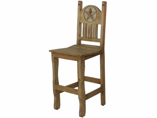 Rustic Western Light Honey Hand-Carved Wooden Barstools with Backrests and Star Emblems Made of Stone (2 or 3-Pack) - 24 or 30 in - Counter or Bar Height