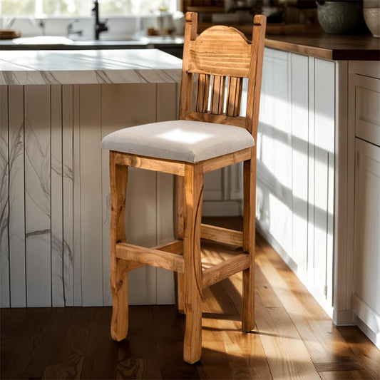 Rustic Light Honey Hand-Carved Wooden Barstools with Backrests and Cushions (2 or 3-Pack) - 24 or 30 in - Counter or Bar Height
