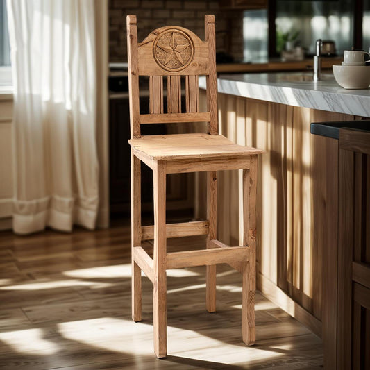Rustic Light Honey Western Hand-Carved Wooden Barstools with Star Emblems in the Backrest (2 or 3-Pack) - 24 or 30 in - Counter or Bar Height