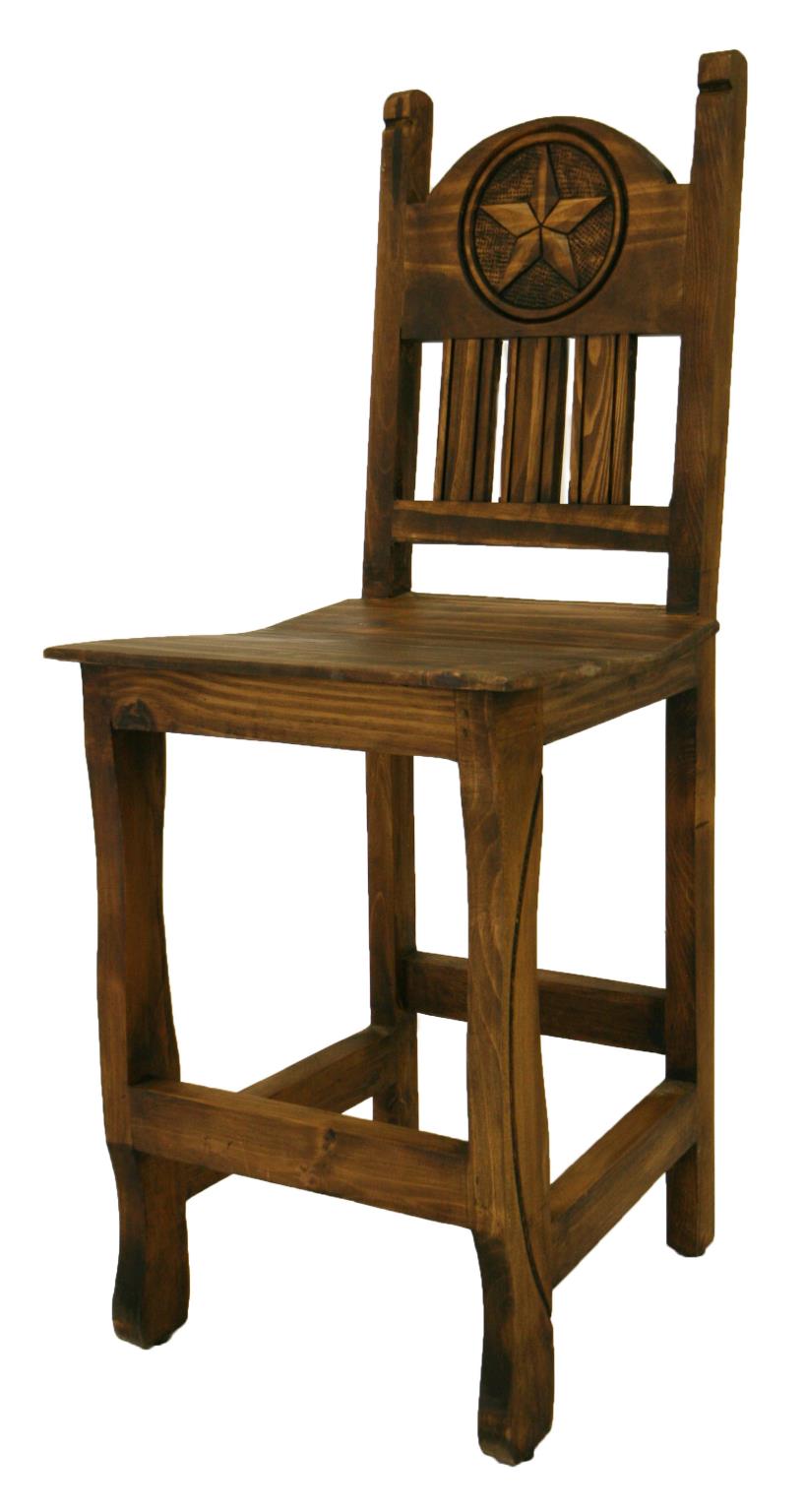 Rustic Western Hand-Carved Wooden Barstools with Star Emblems in the Backrest (2 or 3-Pack) - 24 or 30 in - Counter or Bar Height
