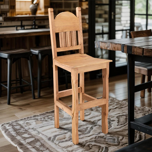 Rustic Light Honey Hand-Carved Wooden Barstools with Backrests (2 or 3-Pack) - 24 or 30 in - Counter or Bar Height