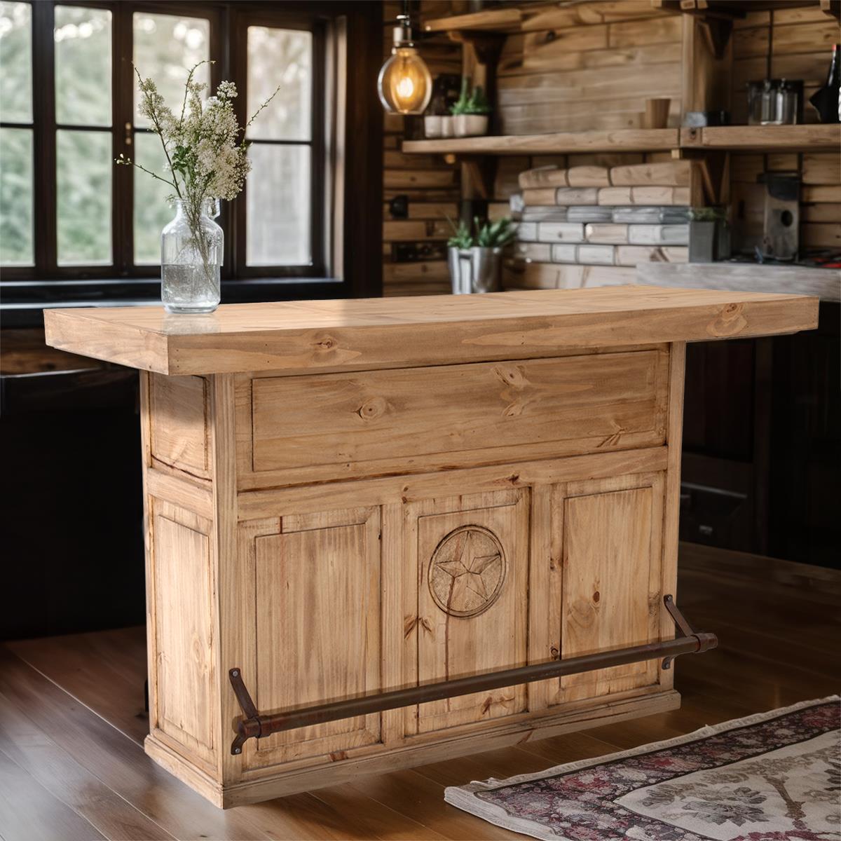 Natural Lone Star Ranch Bar with Handcarved Texas Star & Wine Rack