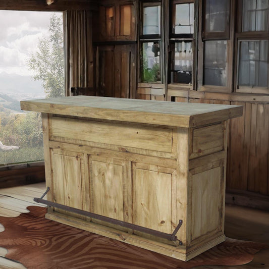 Sonora Rustic Bar – Natural Wooden Finish with Wine Storage & Iron Footrail