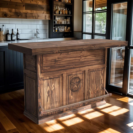 Lone Star Saloon Bar – Dark Finish with Texas Star & Storage Drawers