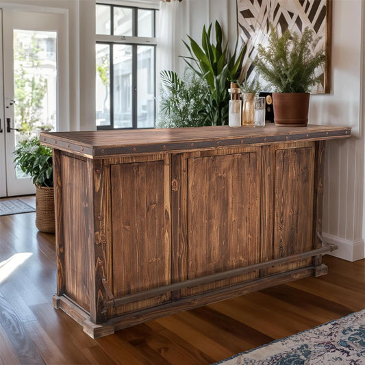 Whiskey River Handmade Wooden Home Bar with Ample Storage and Foot Rail 78x26x41" with Optional L Extension