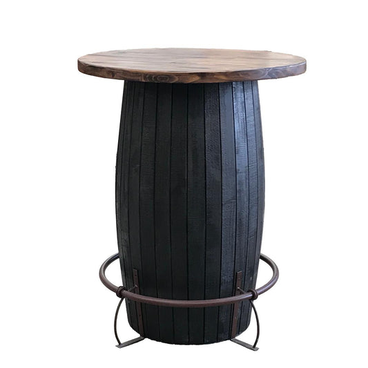 Whiskey Barrel Pub Table – Charred Black Base with Rustic Wood Top