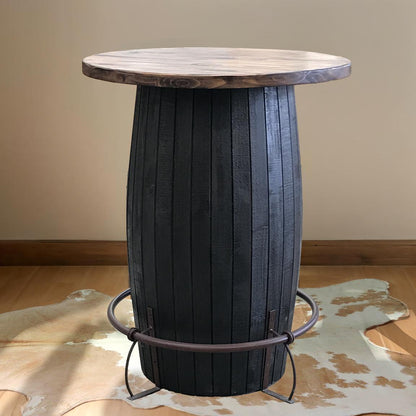 Whiskey Barrel Pub Table – Charred Black Base with Rustic Wood Top