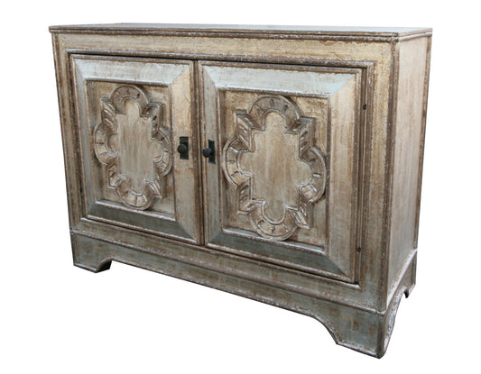 Forcalquier Chest, Weathered Gray Finish, Dual Carved Panel Doors With Intricate Quatrefoil Motifs, Rustic Storage