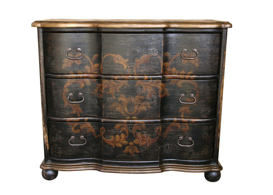 Gréoux-les-Bains Dresser, Black With Antique Gold Floral Damask Finish, Hand-Painted Damask Detailing