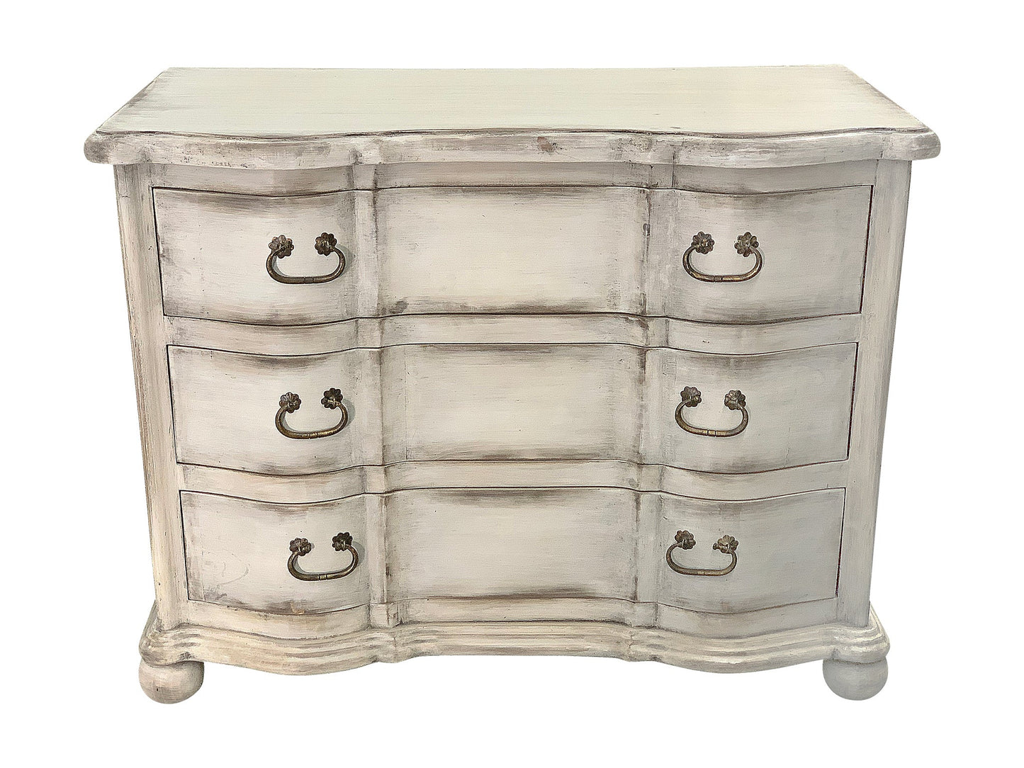 Foix Nightstands (2-Pack), Distressed White, Serpentine front with brass handles