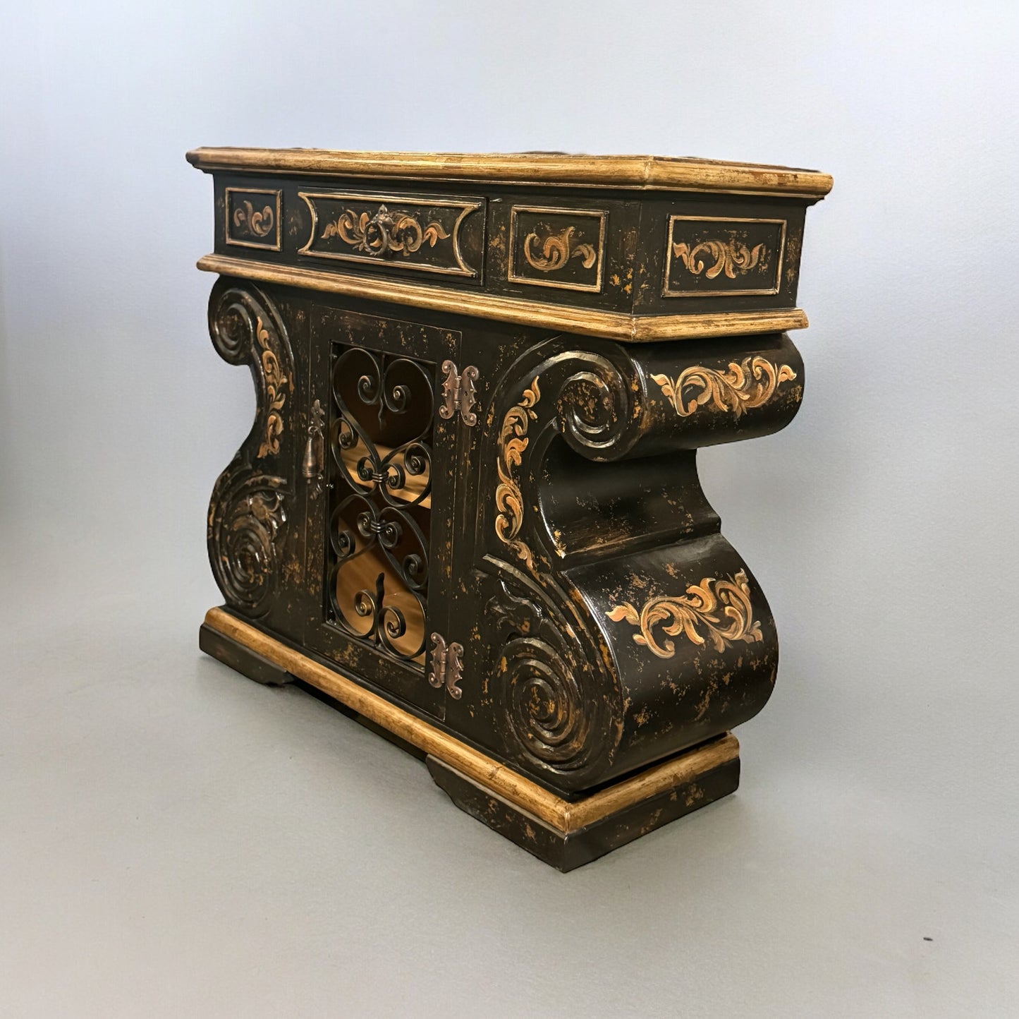 Honfleur Chest, Antique Black, Distressed Finish With Ornate Wrought-Iron Scrollwork And Glass Panel