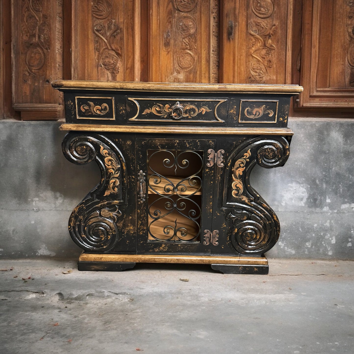 Honfleur Chest, Antique Black, Distressed Finish With Ornate Wrought-Iron Scrollwork And Glass Panel