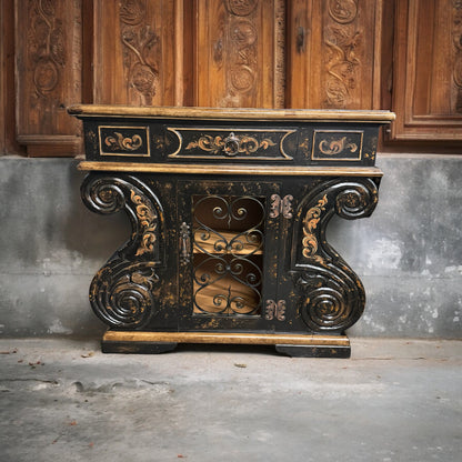 Honfleur Chest, Antique Black, Distressed Finish With Ornate Wrought-Iron Scrollwork And Glass Panel