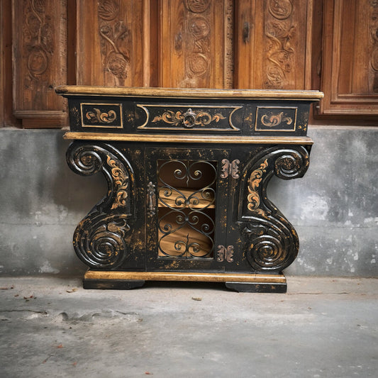 Honfleur Chest, Antique Black, Distressed Finish With Ornate Wrought-Iron Scrollwork And Glass Panel