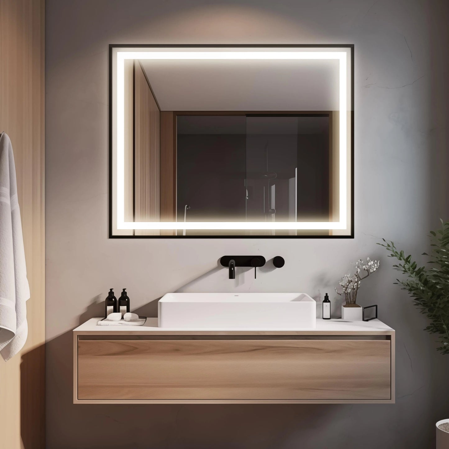 Black Aluminum Framed LED Bathroom Mirror (30-50 in) - Adjustable Brightness and Color Temperature - Anti-Fog