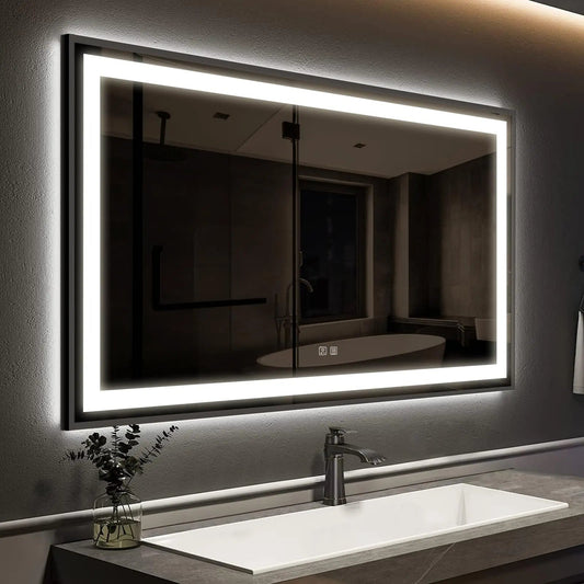 Black Aluminum Framed LED Bathroom Mirror (30-50 in) - Adjustable Brightness and Color Temperature - Anti-Fog