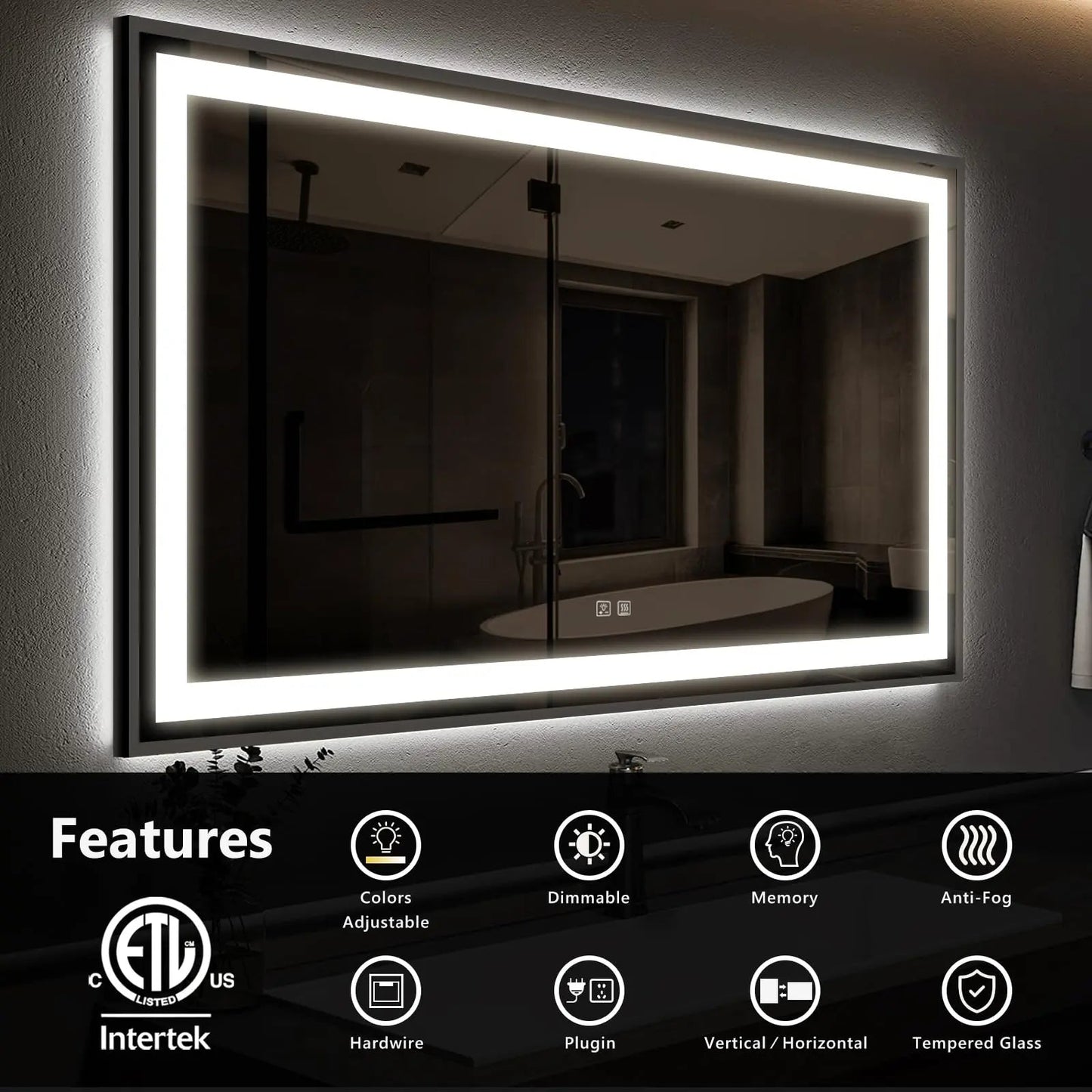 Black Aluminum Framed LED Bathroom Mirror (30-50 in) - Adjustable Brightness and Color Temperature - Anti-Fog