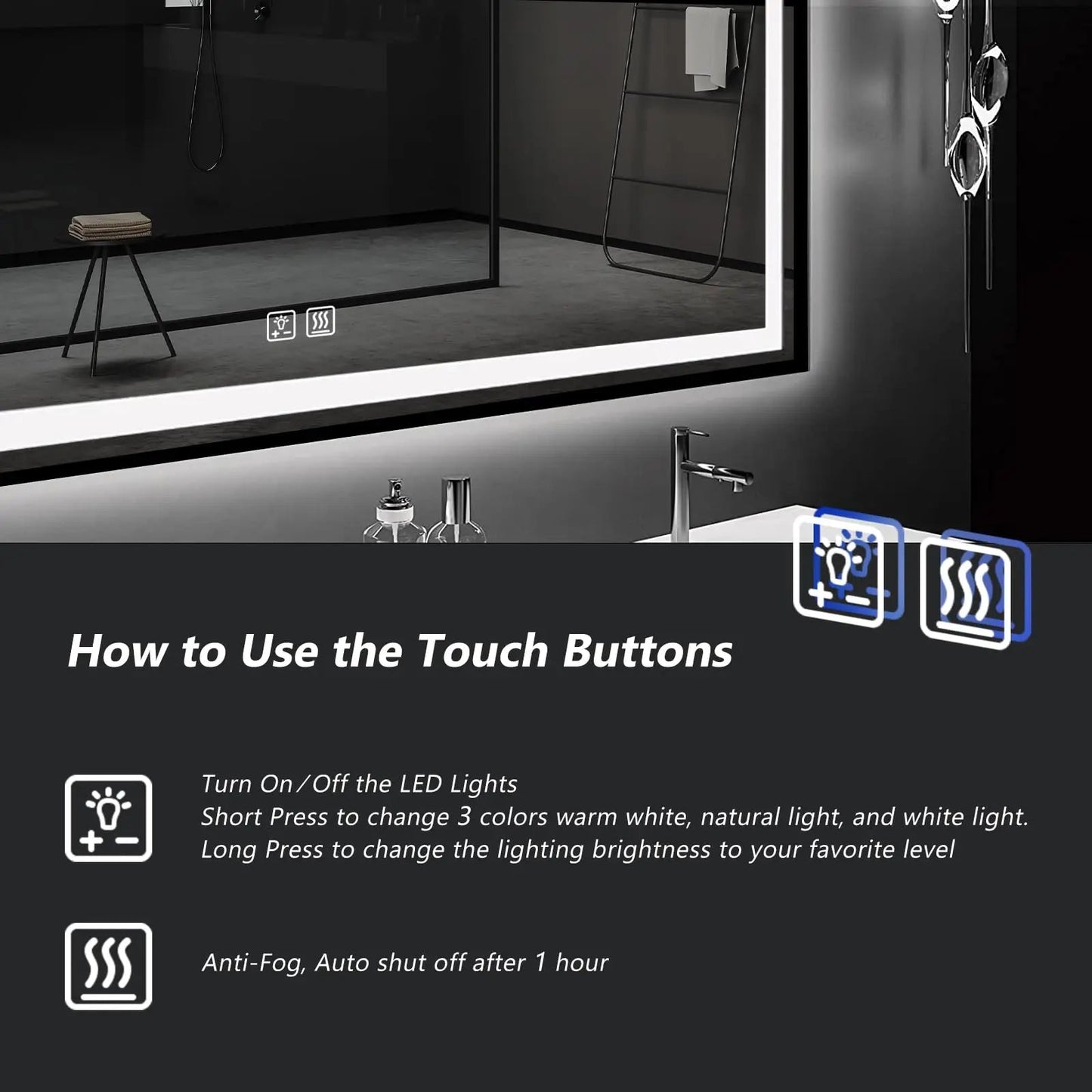Black Aluminum Framed LED Bathroom Mirror (30-50 in) - Adjustable Brightness and Color Temperature - Anti-Fog