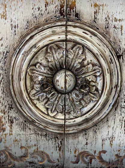 Bréhat Chest, Distressed White Finish, Carved Rosette Center With Ornate Scrolls And Weathered Patina