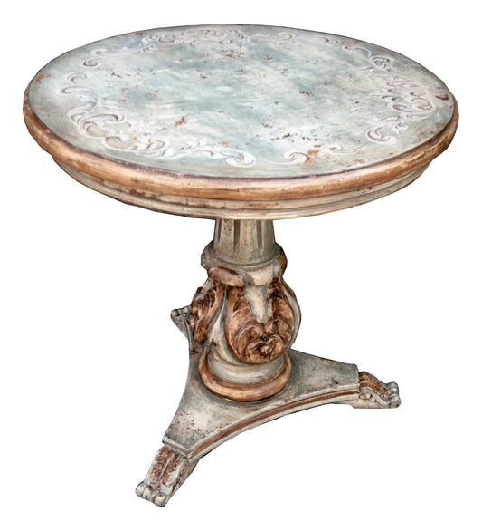 Saint-Florent-le-Vieil Round Counter Height Table, Distressed Blue Gray, Ornate Carved Pedestal Base
