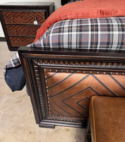 CARSON KING BED 79.5" Tall Headboard, Footboard, Upholstered Leather, Dark Brown Wood Frame | Bed Only | Includes Delivery and Assembly