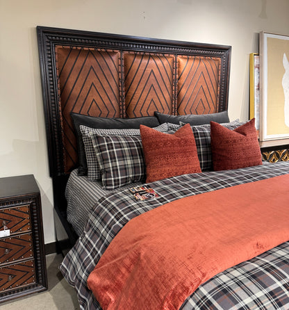 CARSON KING BED 79.5" Tall Headboard, Footboard, Upholstered Leather, Dark Brown Wood Frame | Bed Only | Includes Delivery and Assembly