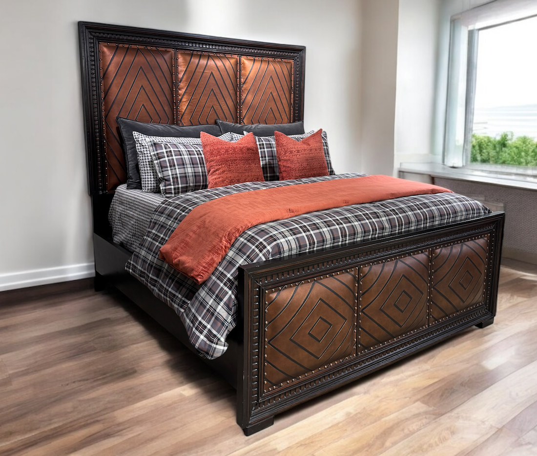 CARSON KING BED 79.5" Tall Headboard, Footboard, Upholstered Leather, Dark Brown Wood Frame | Bed Only | Includes Delivery and Assembly