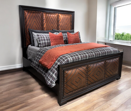 CARSON KING BED 79.5" Tall Headboard, Footboard, Upholstered Leather, Dark Brown Wood Frame | Bed Only | Includes Delivery and Assembly