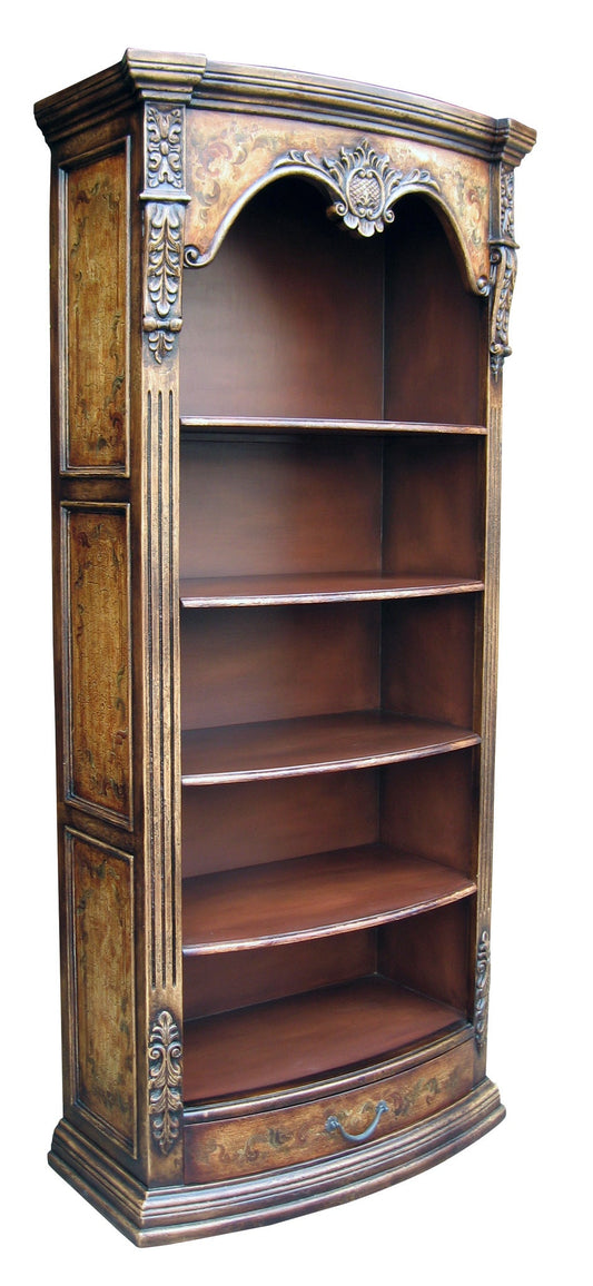 Chauvigny Bookcase, Antique Brown, Arched Top With Ornate Floral Carvings And Curved Shelves