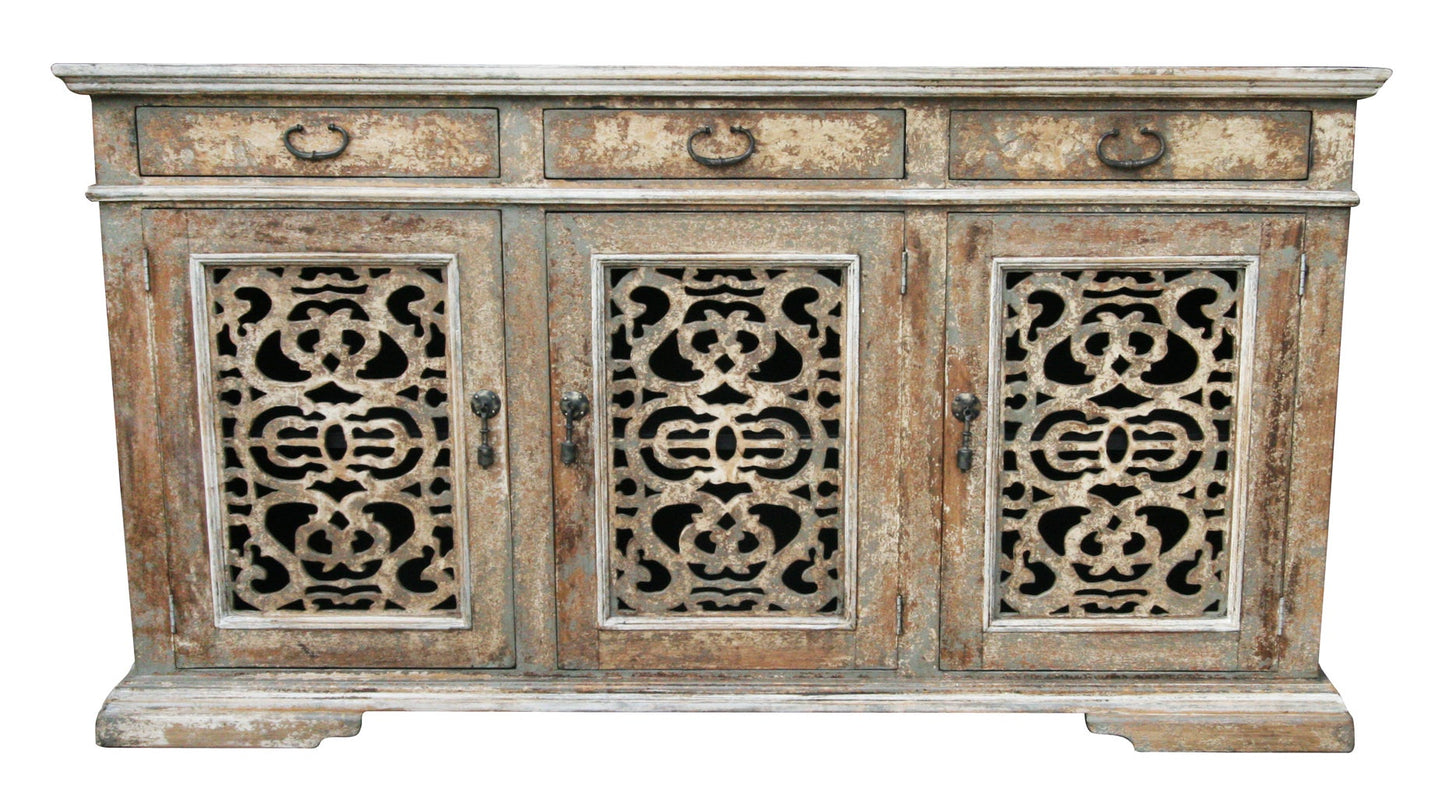 Beauvois Distressed Buffet Table In Weathered Gray Finish, 18 x 84 x 44, Handcrafted