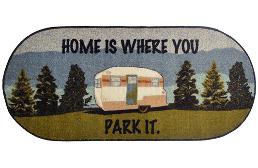 Cozy Cabin Home is Where You Park It 20"x44" Oval Washable, Made in the USA, 8mm pile height