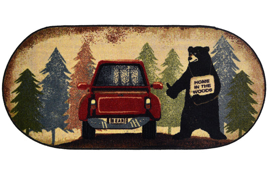 Cozy Cabin Hitchhiking Bear 20"x44" Oval Washable; Slip-Resistant Back, Made in the USA, 8mm pile height