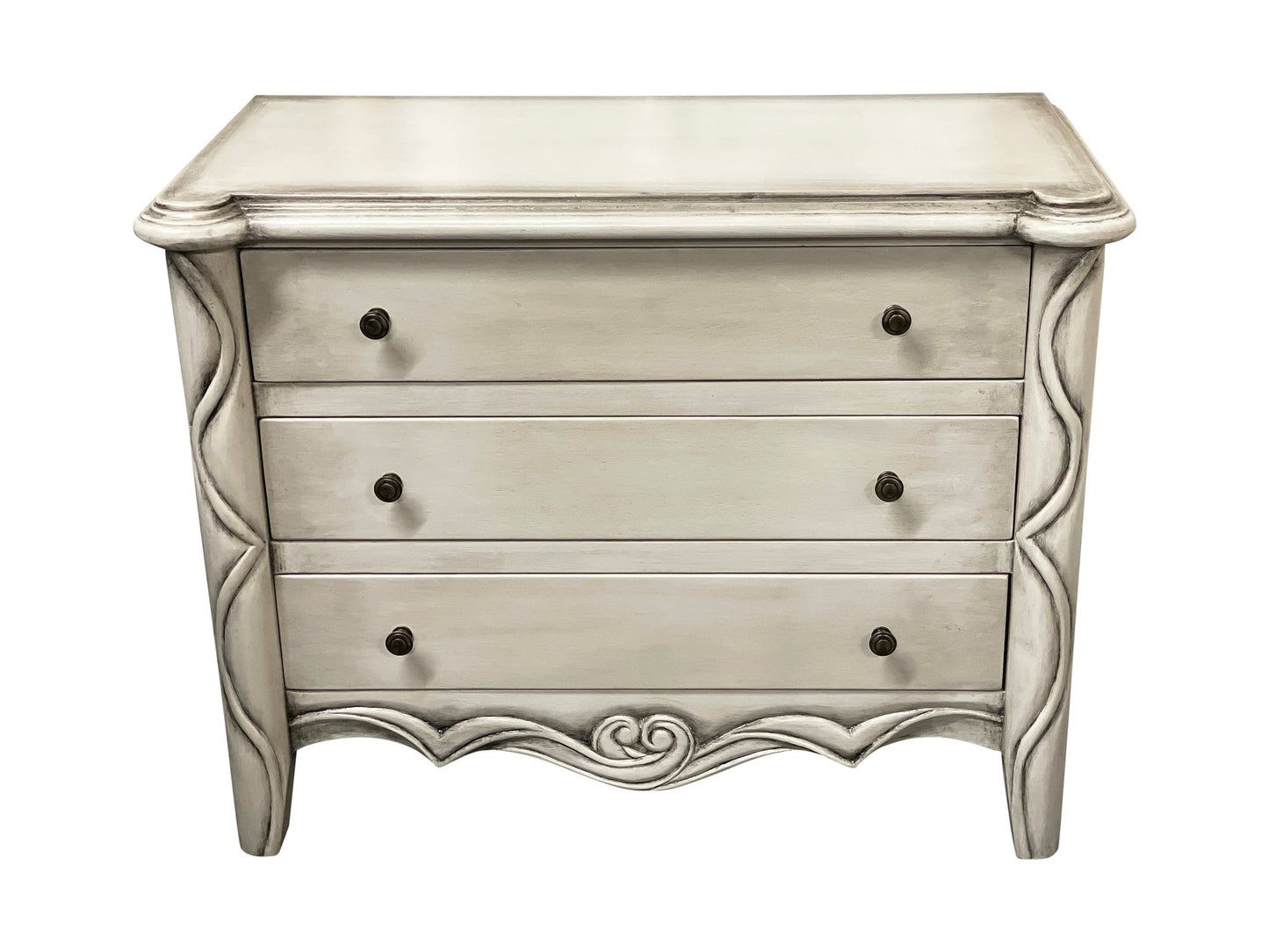 Espelette Nightstands (2-Pack) Antique Silver Finish, Four-Drawer, Carved Scroll Sides