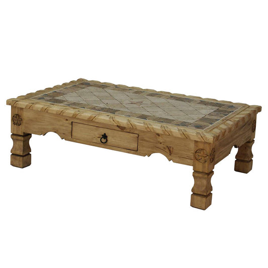 Rustic Pueblo Coffee Table with Inlaid Tile Top & Storage Drawer | 20 x 32 x 50