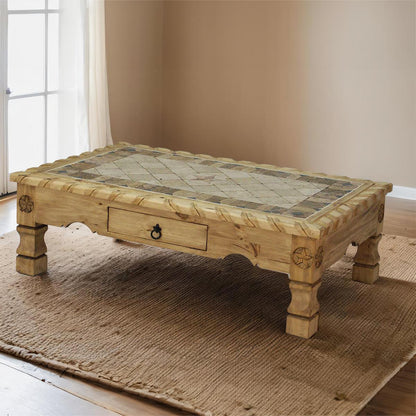 Rustic Pueblo Coffee Table with Inlaid Tile Top & Storage Drawer | 20 x 32 x 50