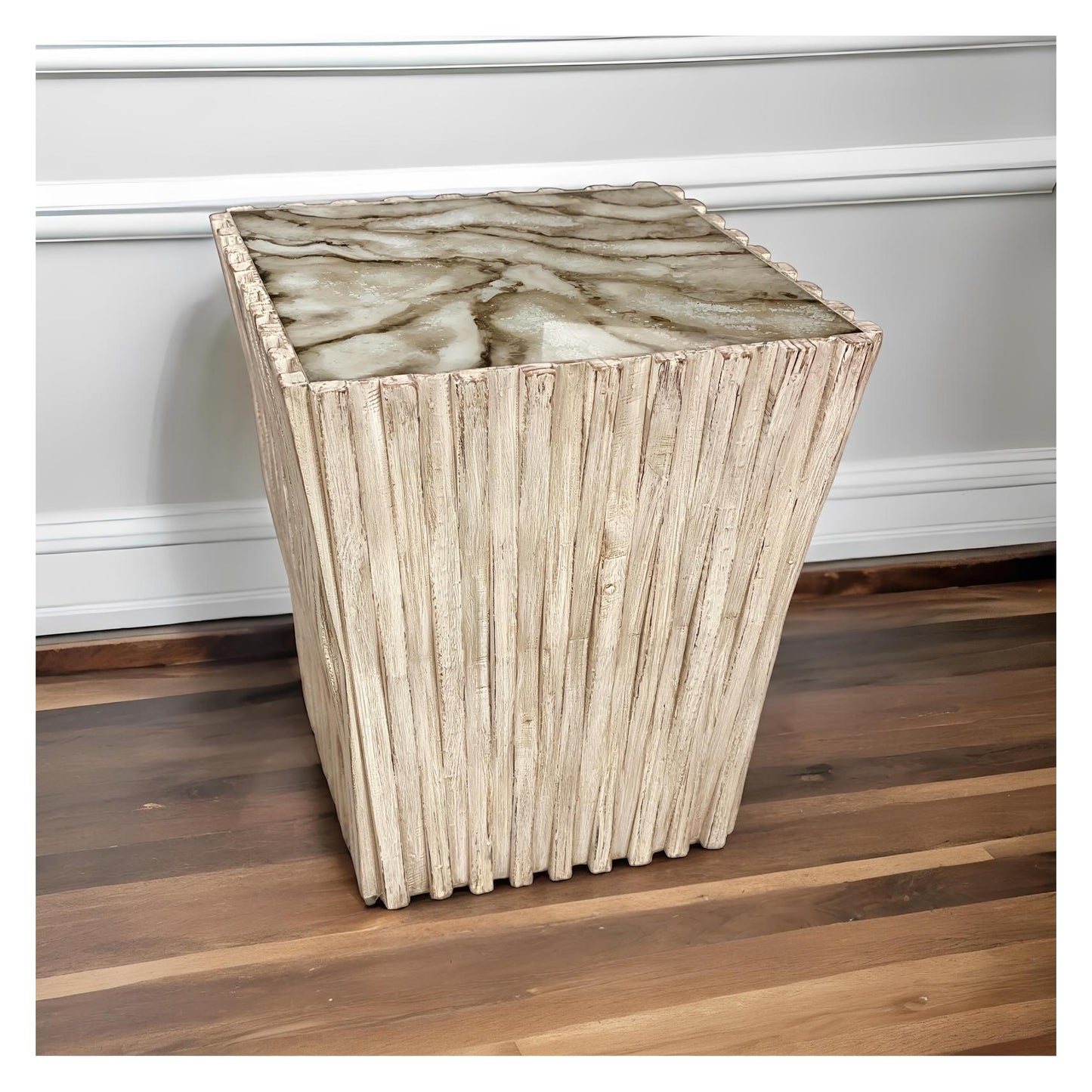 Murat End Tables (2-Pack), Beige, Distressed Ribbed Wood Exterior With Crackled Blue Gray Top