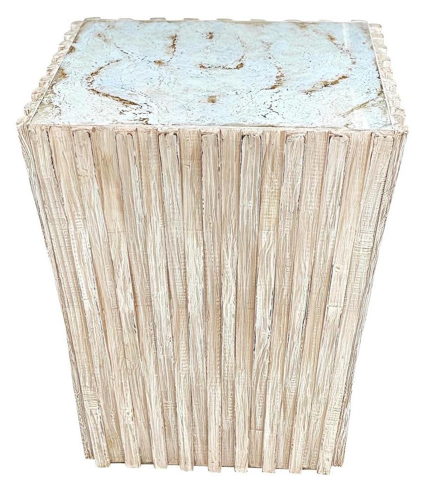 Murat End Tables (2-Pack), Beige, Distressed Ribbed Wood Exterior With Crackled Blue Gray Top