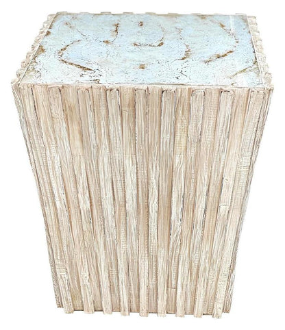 Murat End Tables (2-Pack), Beige, Distressed Ribbed Wood Exterior With Crackled Blue Gray Top
