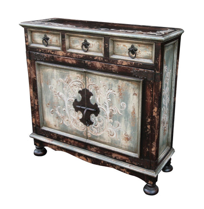 Sorgue Chest, Antique Teal, Ornate Carved Floral Front Panels With Distressed Finish