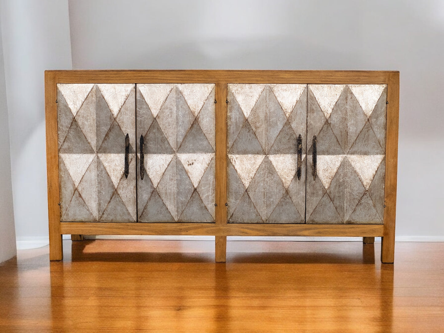 La Charité Sideboard, Warm Brown Oak Finish, Diamond Quilted Fabric Panel Insert