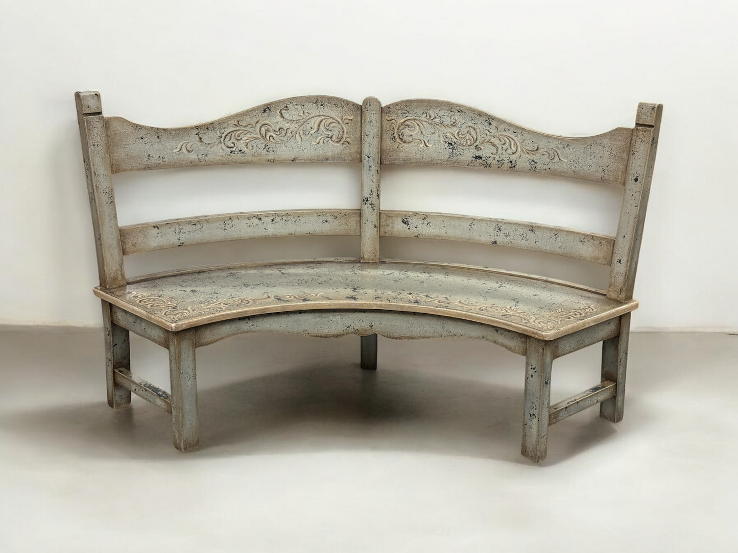 Briare Bench - Curved, Antique White, Distressed Crackle Finish, Weathered Iron Detailing