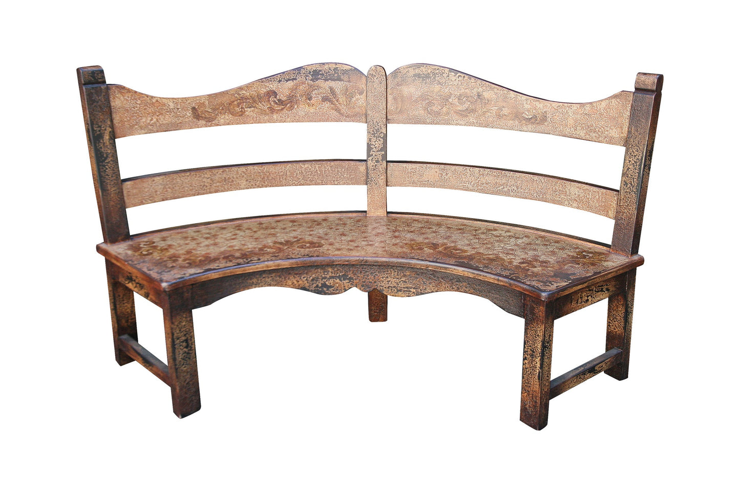Castelnaudary Bench - Curved, Antique Bronze, Distressed Embossed Backrest With Ornate Floral Motif