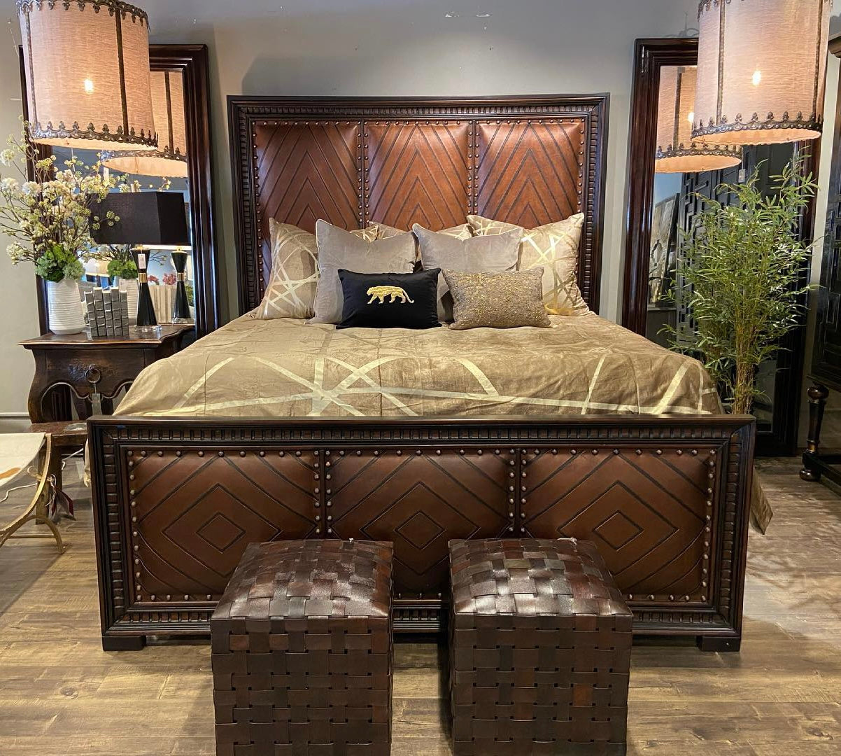CARSON KING BED 79.5" Tall Headboard, Footboard, Upholstered Leather, Dark Brown Wood Frame | Bed Only | Includes Delivery and Assembly