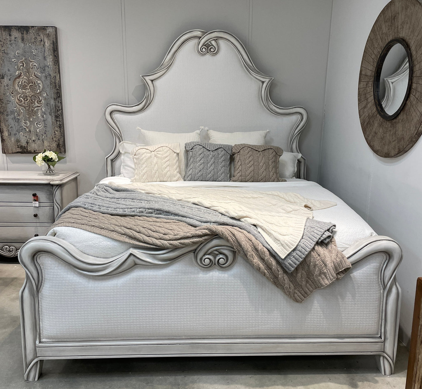 CELINE BED 88" Tall | Luxury French European Style | Upholstered Fabric | White Wood Frame | Bed Only | Includes Delivery and Assembly