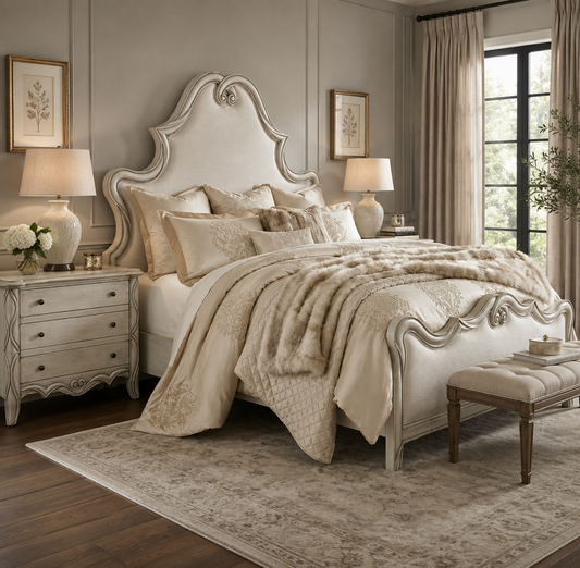 GRACE BED 88" Tall | Luxury French European Style | Upholstered Fabric | White Wood Frame | Bed Only | Includes Delivery and Assembly